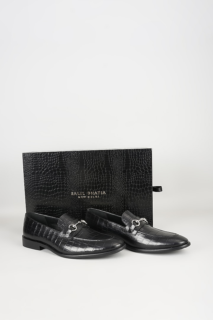 Black Embossed Leather Embellished Loafers by SALIL BHATIA at Pernia's Pop Up Shop