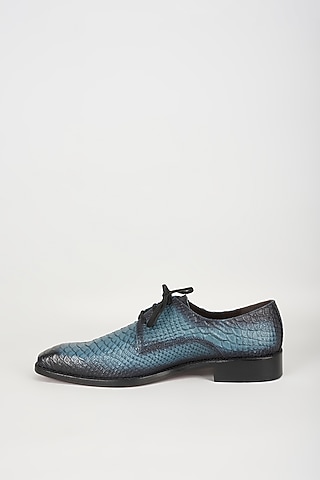 Blue Embossed Leather Derby Shoes by SALIL BHATIA