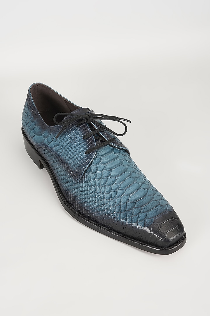 Blue Embossed Leather Derby Shoes by SALIL BHATIA at Pernia's Pop Up Shop