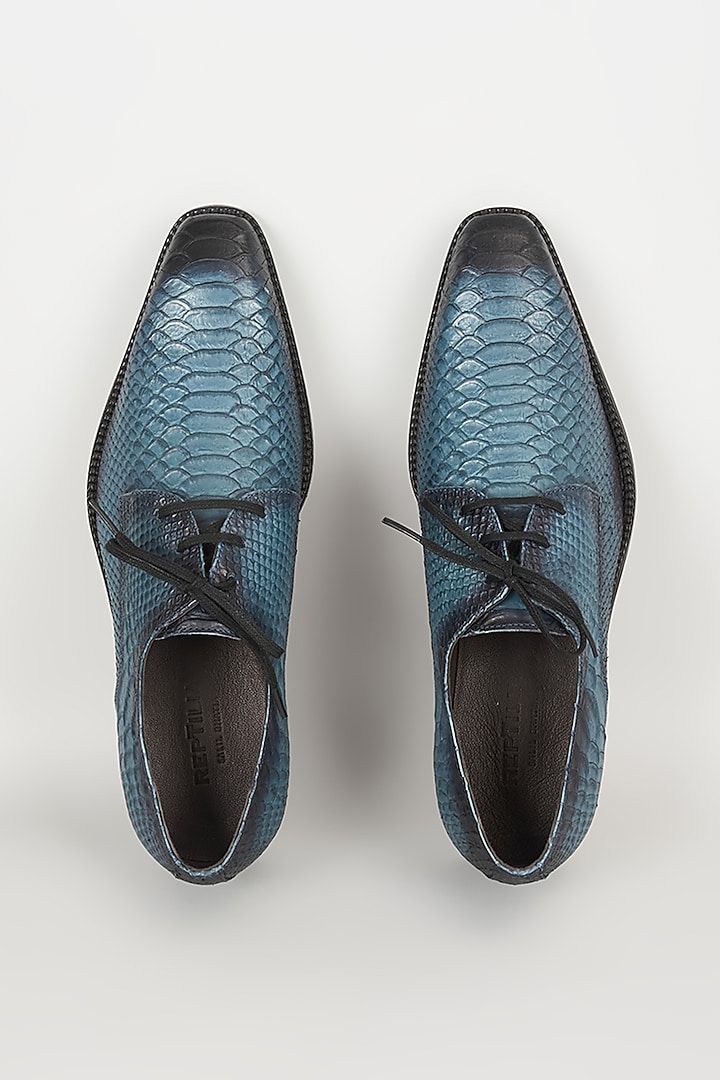 Blue Embossed Leather Derby Shoes by SALIL BHATIA at Pernia's Pop Up Shop