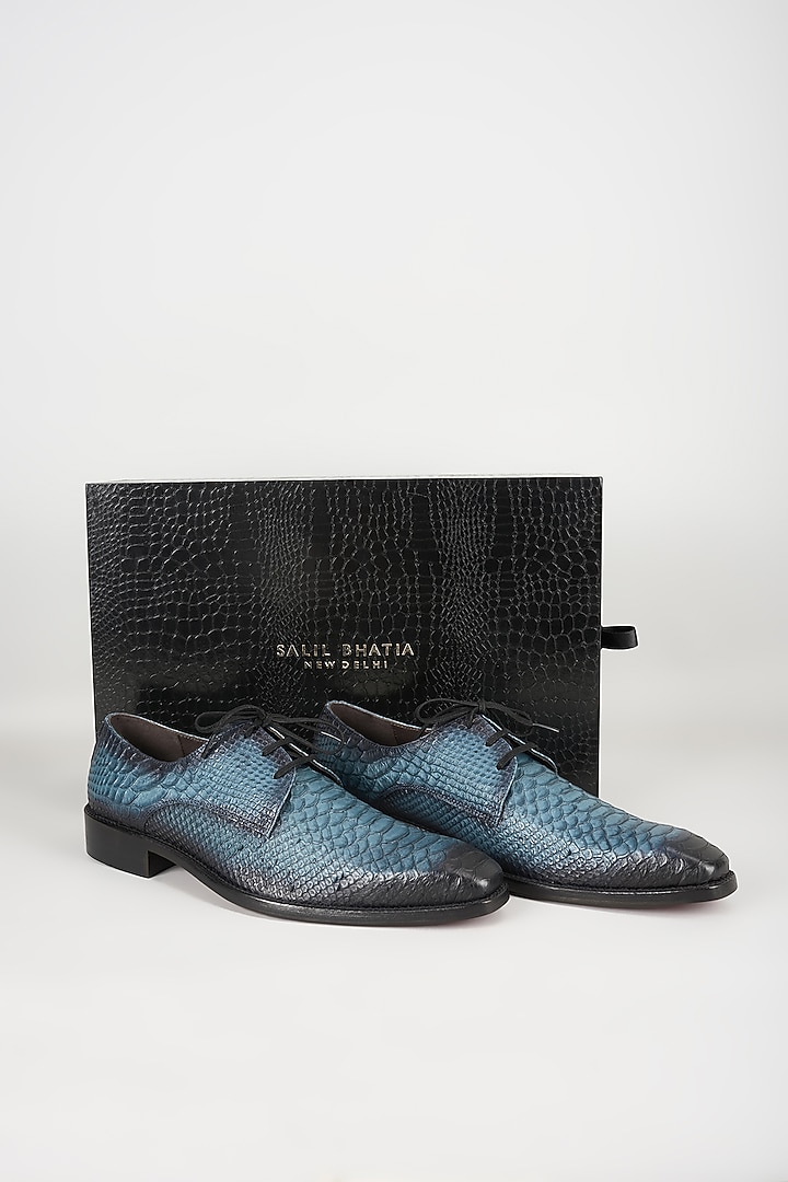 Blue Embossed Leather Derby Shoes by SALIL BHATIA at Pernia's Pop Up Shop