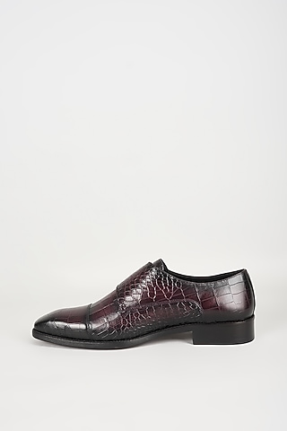Wine Embossed Leather Monk Strap Shoes by SALIL BHATIA