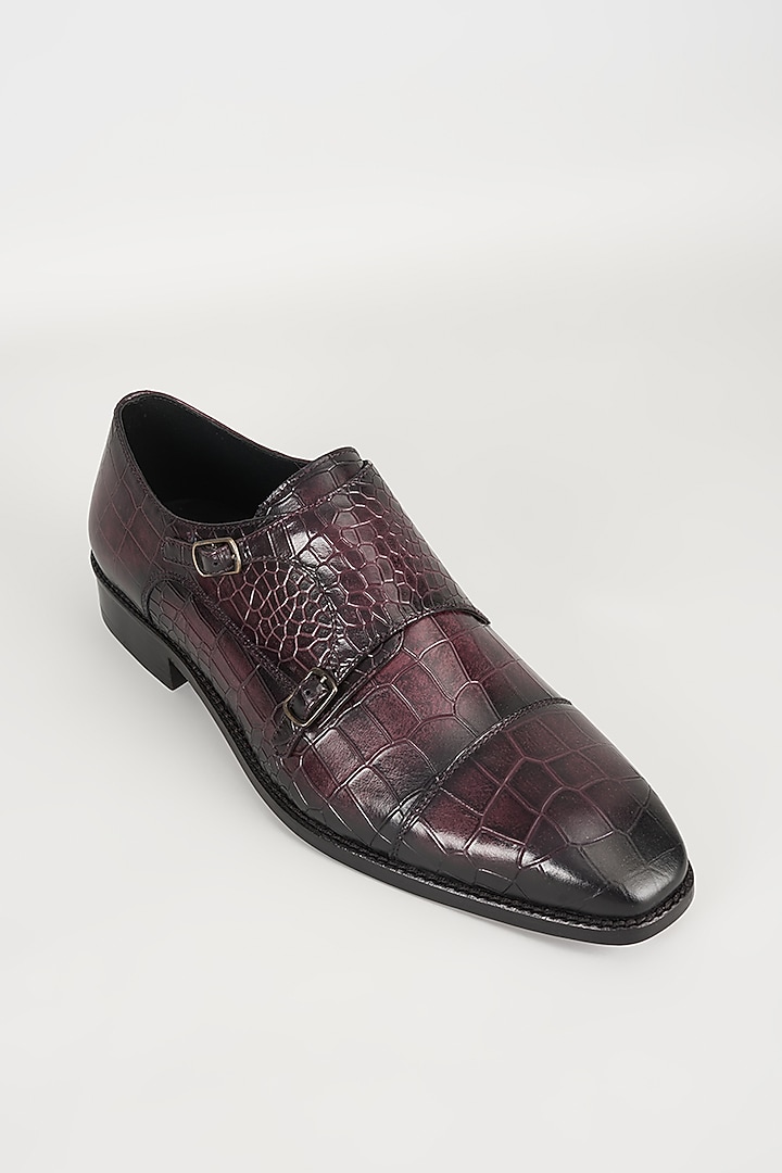 Wine Embossed Leather Monk Strap Shoes by SALIL BHATIA at Pernia's Pop Up Shop