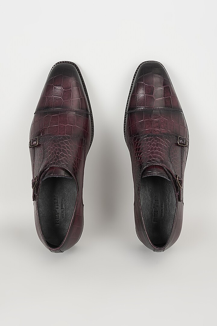 Wine Embossed Leather Monk Strap Shoes by SALIL BHATIA at Pernia's Pop Up Shop