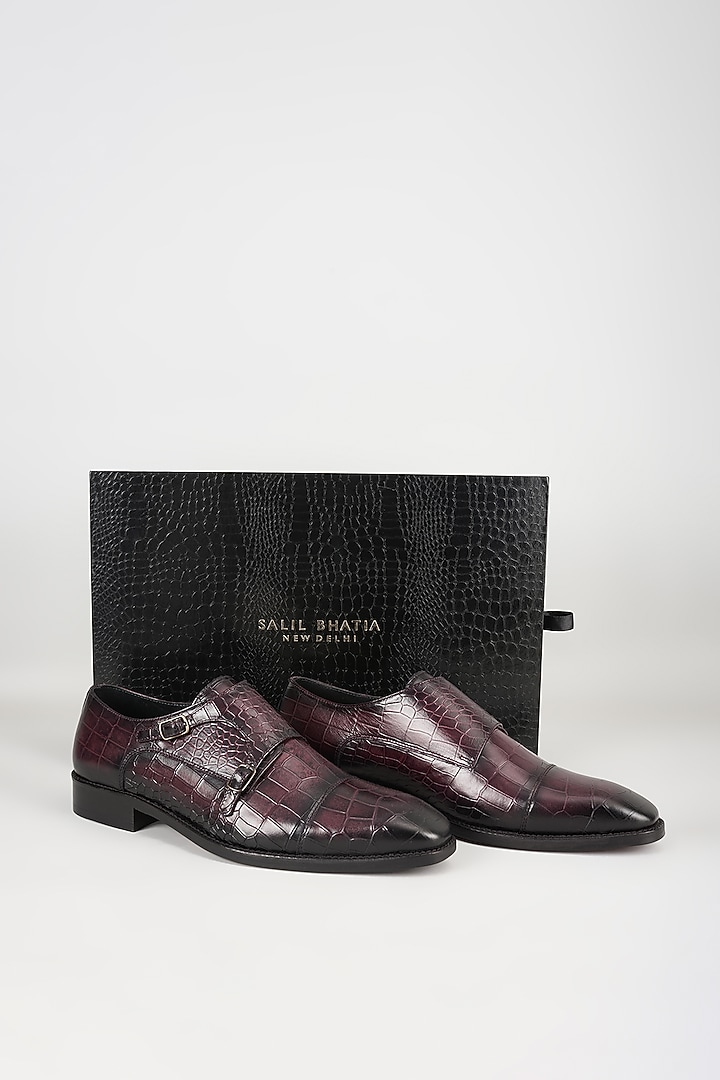 Wine Embossed Leather Monk Strap Shoes by SALIL BHATIA at Pernia's Pop Up Shop
