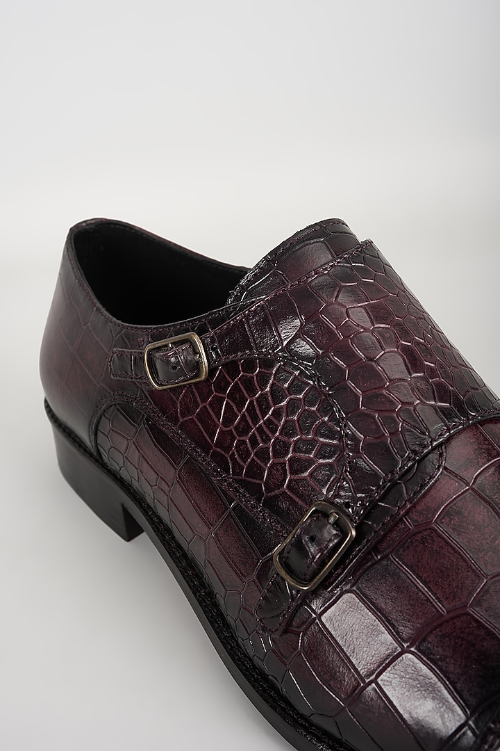 Wine Embossed Leather Monk Strap Shoes by SALIL BHATIA at Pernia's Pop Up Shop