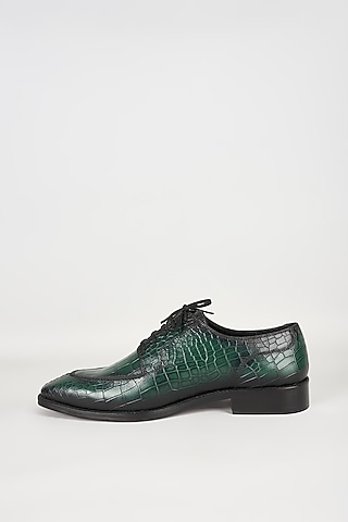 Forest Green Embossed Leather Derby Shoes by SALIL BHATIA