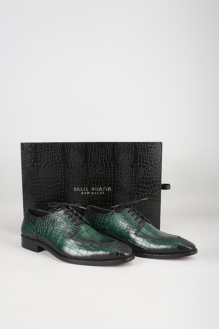 Forest Green Embossed Leather Derby Shoes by SALIL BHATIA at Pernia's Pop Up Shop
