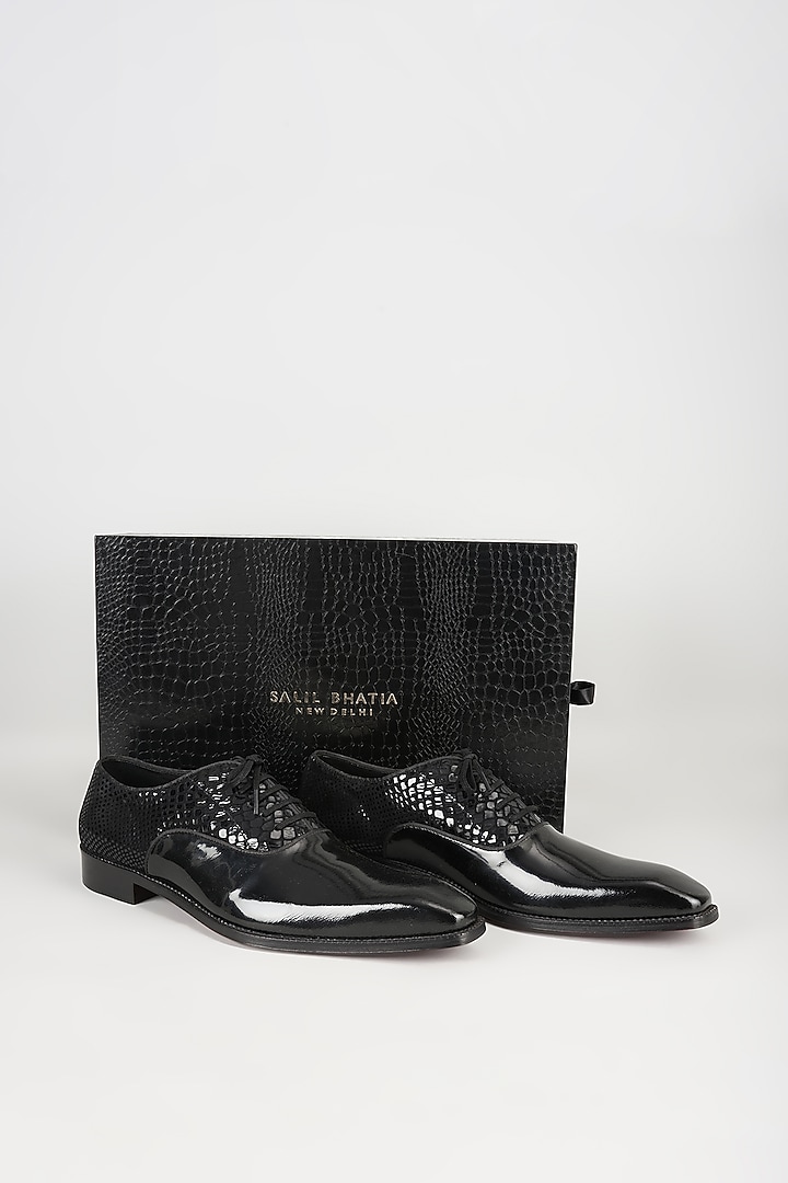 Black Patent Leather & Suede Oxford Shoes by SALIL BHATIA at Pernia's Pop Up Shop