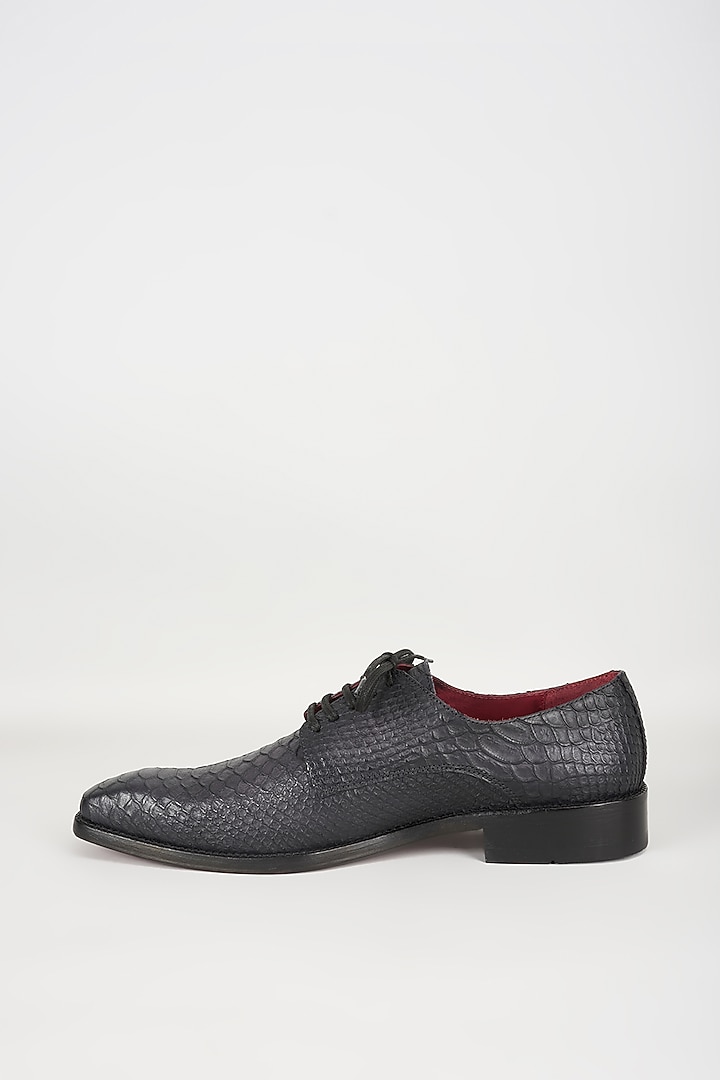 Black & Grey Embossed Leather Derby Shoes by SALIL BHATIA at Pernia's Pop Up Shop