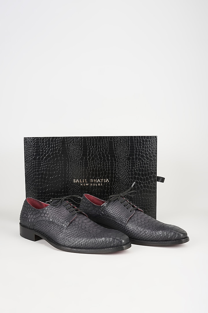 Black & Grey Embossed Leather Derby Shoes by SALIL BHATIA at Pernia's Pop Up Shop