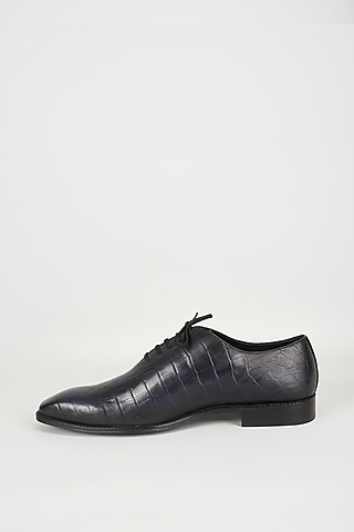 Midnight Blue Embossed Leather Oxford Shoes by SALIL BHATIA