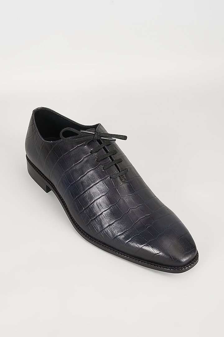 Midnight Blue Embossed Leather Oxford Shoes by SALIL BHATIA at Pernia's Pop Up Shop
