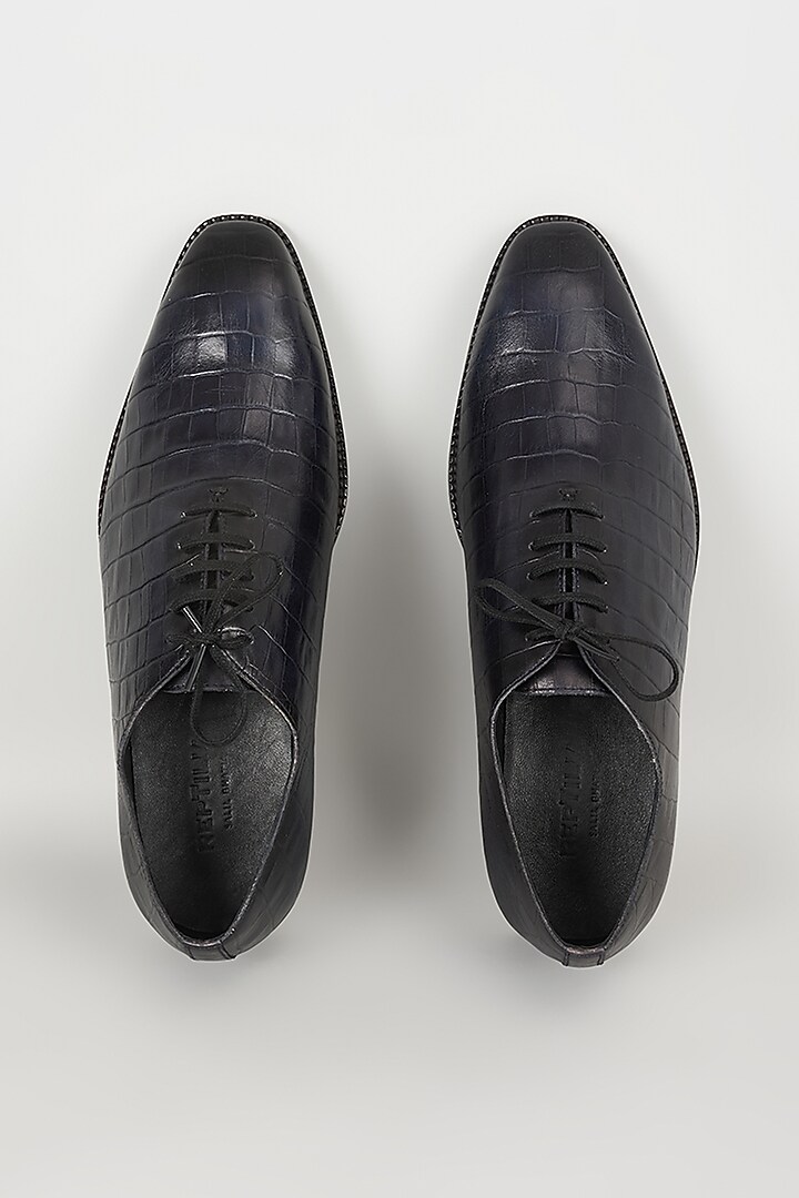 Midnight Blue Embossed Leather Oxford Shoes by SALIL BHATIA at Pernia's Pop Up Shop