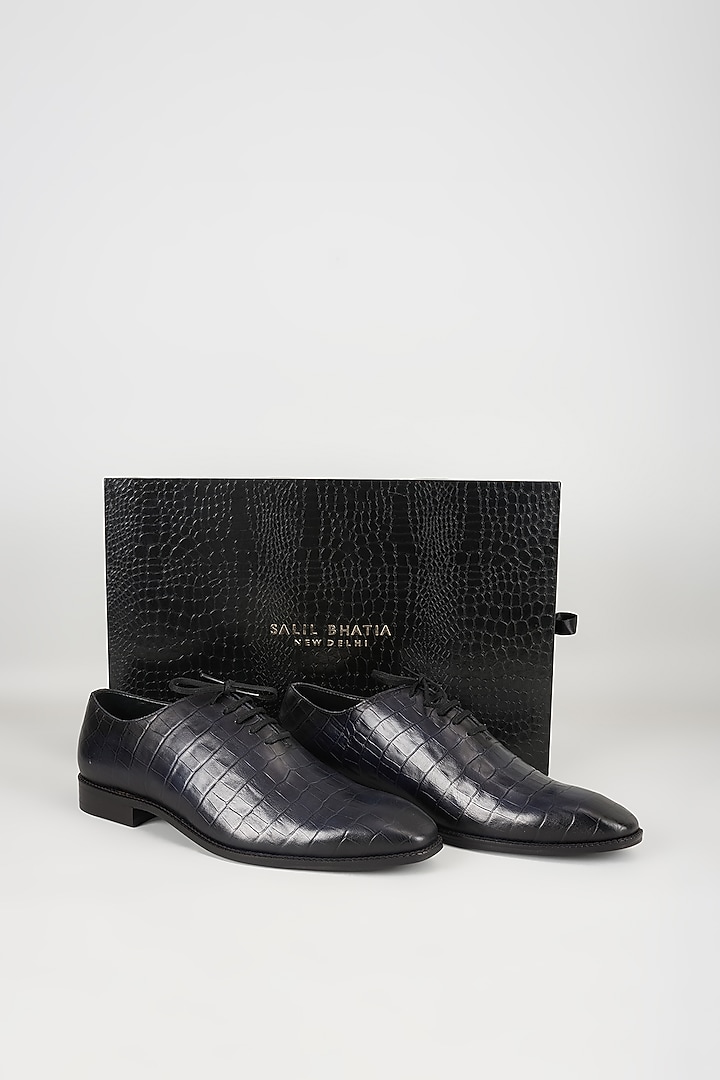 Midnight Blue Embossed Leather Oxford Shoes by SALIL BHATIA at Pernia's Pop Up Shop
