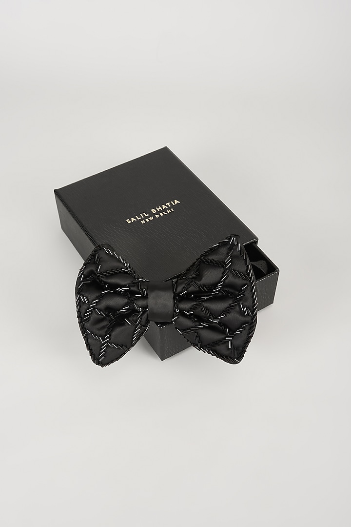 Black Satin Hand Embellished Bowtie by SALIL BHATIA at Pernia's Pop Up Shop