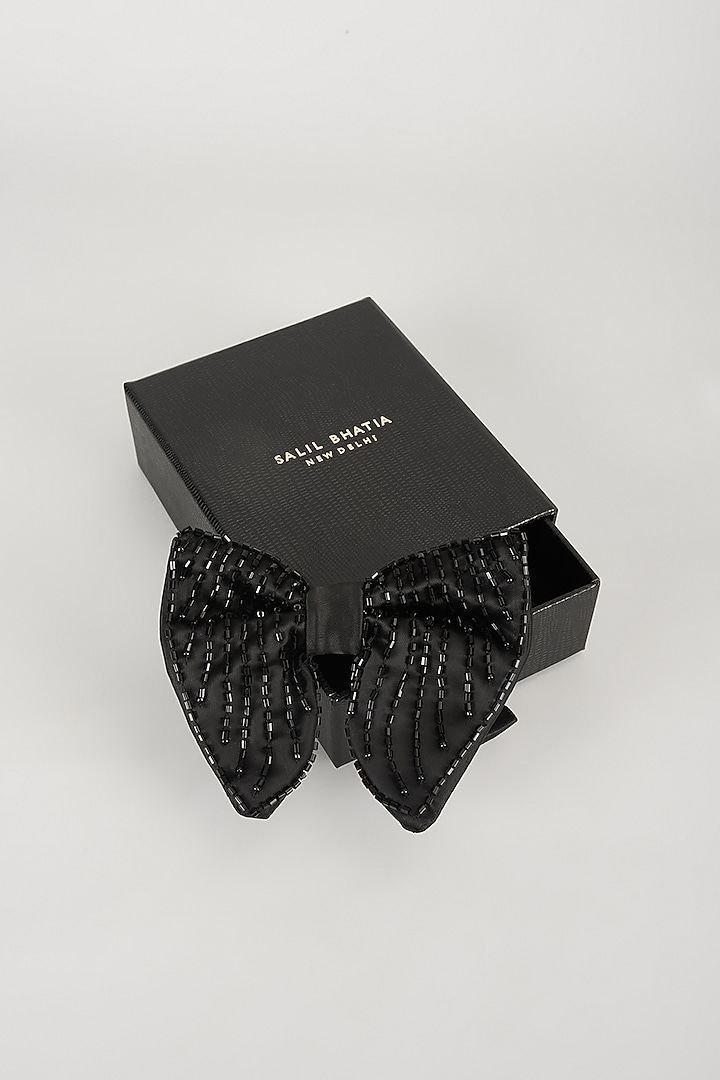 Black Satin Hand Embellished Bowtie by SALIL BHATIA at Pernia's Pop Up Shop