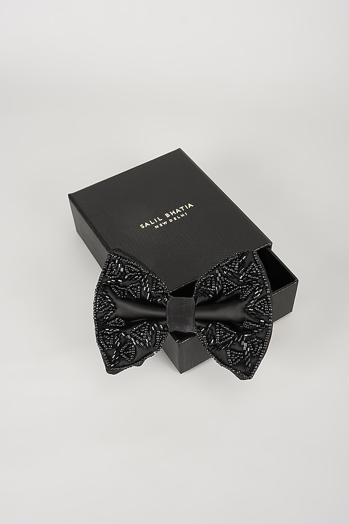 Black Satin Hand Embellished Bowtie by SALIL BHATIA at Pernia's Pop Up Shop