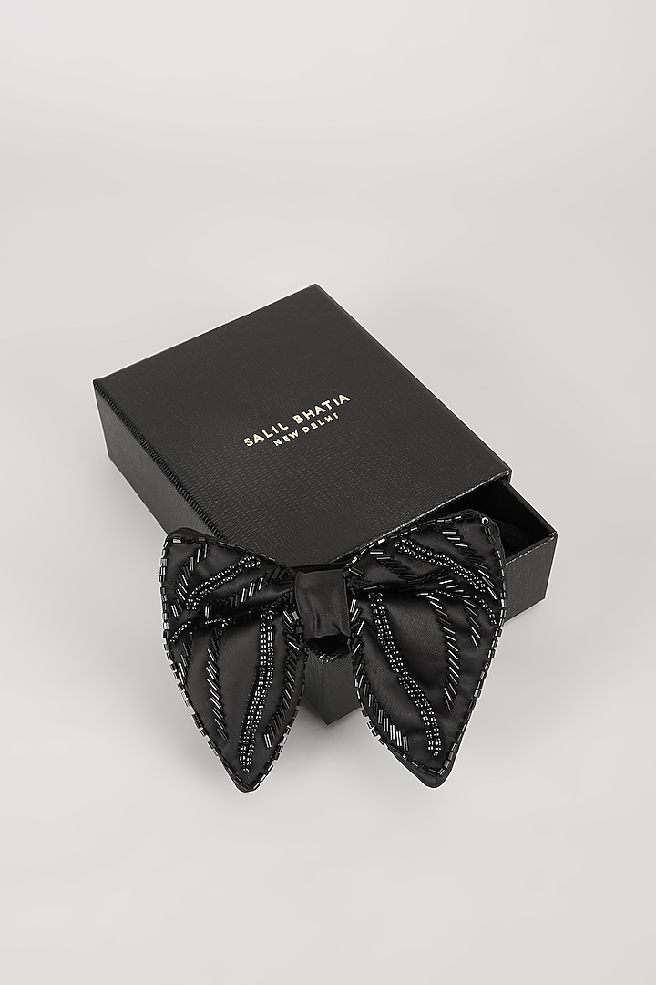 Black Satin Hand Embellished Bowtie by SALIL BHATIA at Pernia's Pop Up Shop