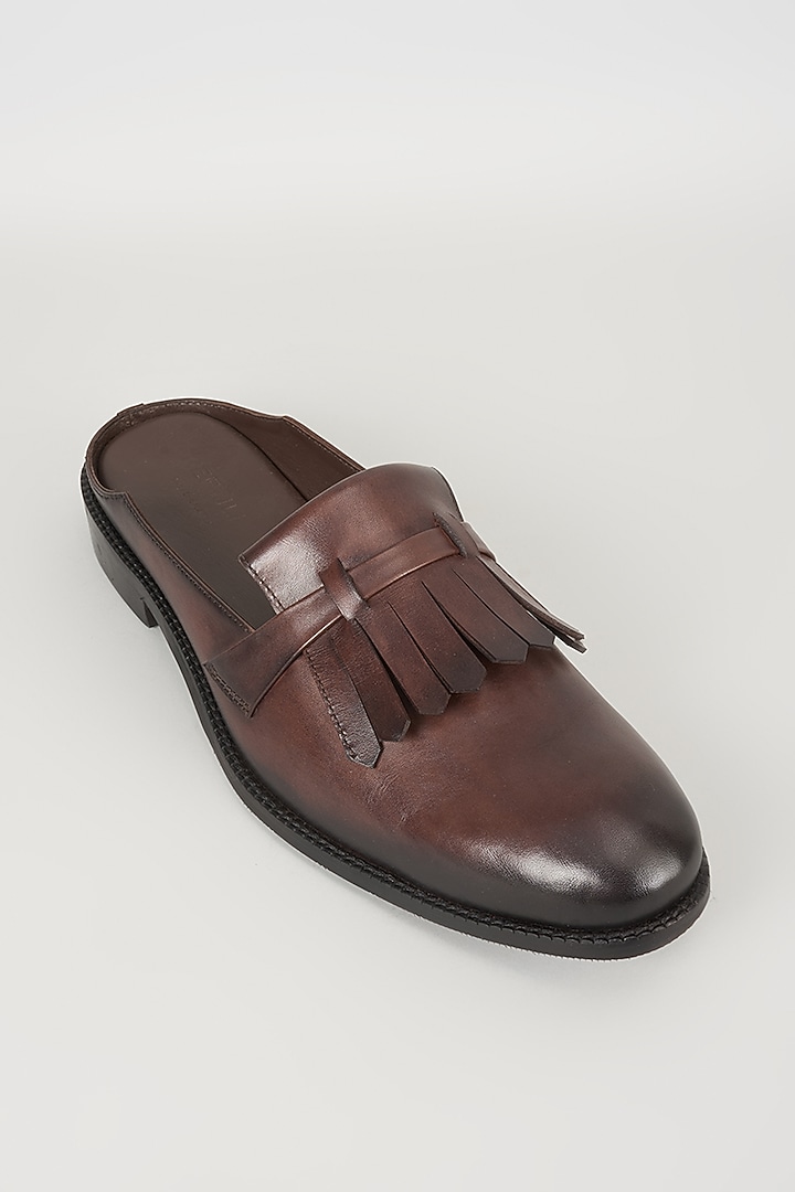 Brown Espresso-Toned Leather Mules by SALIL BHATIA at Pernia's Pop Up Shop