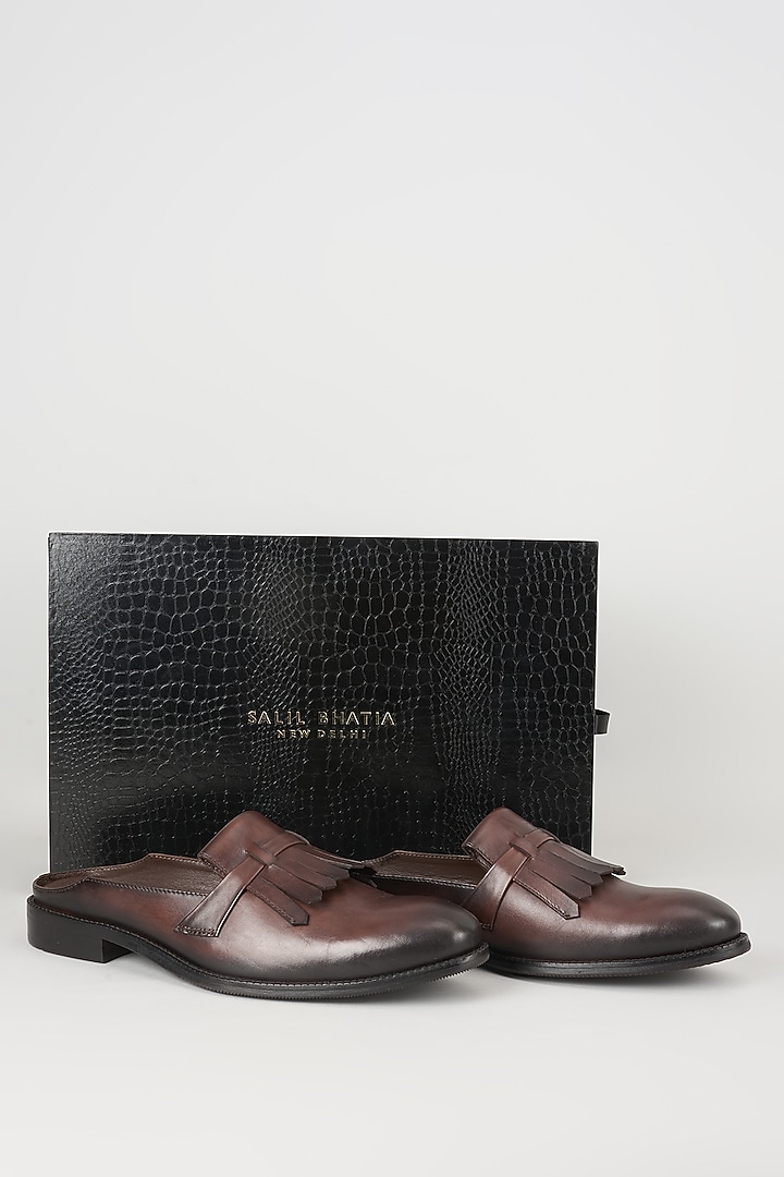 Brown Espresso-Toned Leather Mules by SALIL BHATIA at Pernia's Pop Up Shop