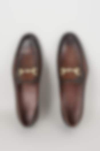 Burnished Brown Ostrich Textured Leather Loafers by SALIL BHATIA at Pernia's Pop Up Shop