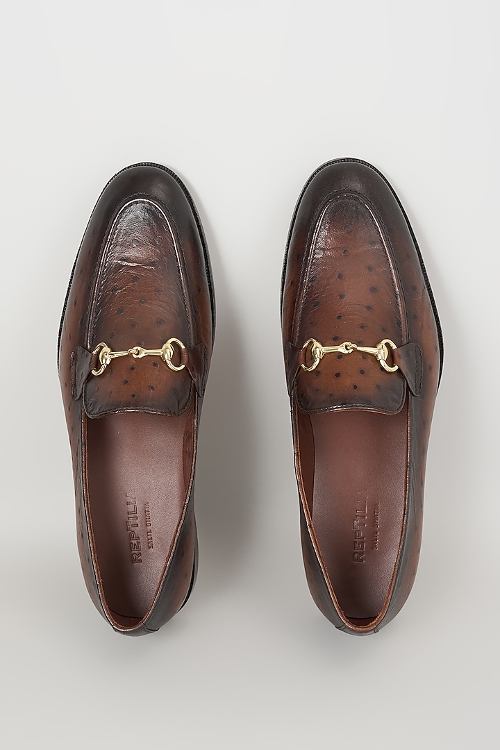 Burnished Brown Ostrich Textured Leather Loafers by SALIL BHATIA at Pernia's Pop Up Shop