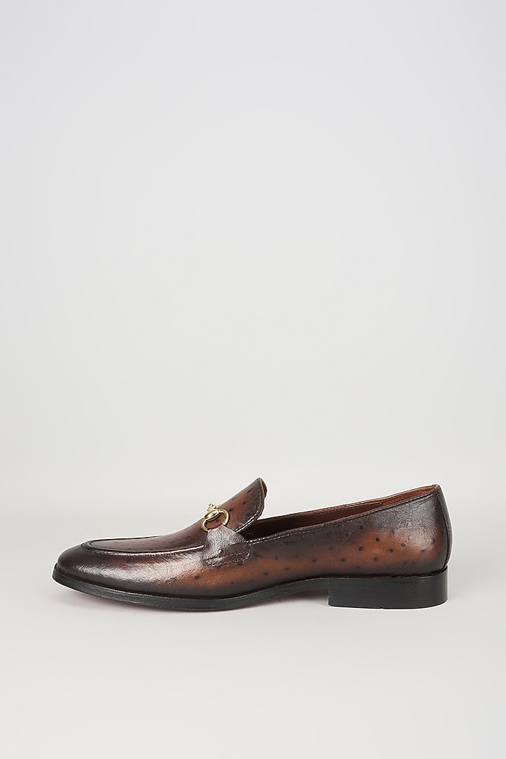 Burnished Brown Ostrich Textured Leather Loafers by SALIL BHATIA at Pernia's Pop Up Shop
