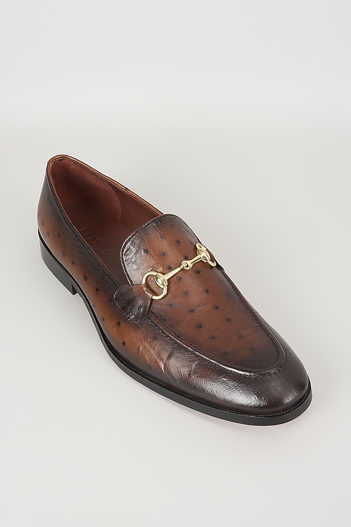 Burnished Brown Ostrich Textured Leather Loafers by SALIL BHATIA at Pernia's Pop Up Shop