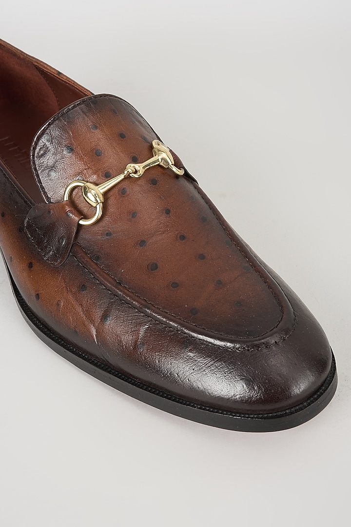 Burnished Brown Ostrich Textured Leather Loafers by SALIL BHATIA at Pernia's Pop Up Shop
