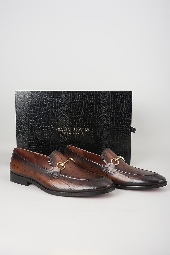Burnished Brown Ostrich Textured Leather Loafers by SALIL BHATIA at Pernia's Pop Up Shop