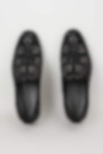 Black Velvet & Leather Sequins Hand Embroidered Loafers by SALIL BHATIA at Pernia's Pop Up Shop