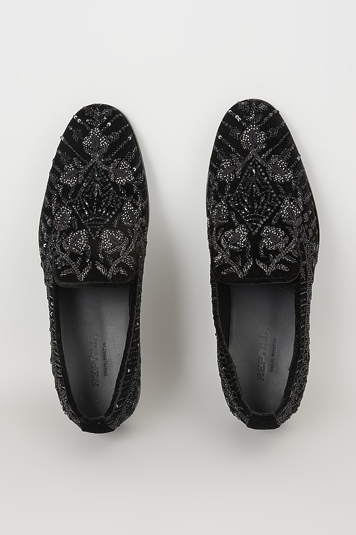 Black Velvet & Leather Sequins Hand Embroidered Loafers by SALIL BHATIA at Pernia's Pop Up Shop
