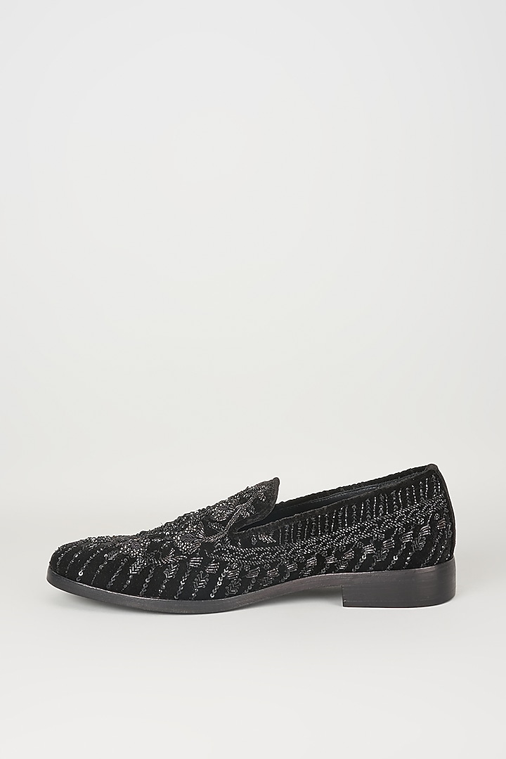 Black Velvet & Leather Sequins Hand Embroidered Loafers by SALIL BHATIA at Pernia's Pop Up Shop