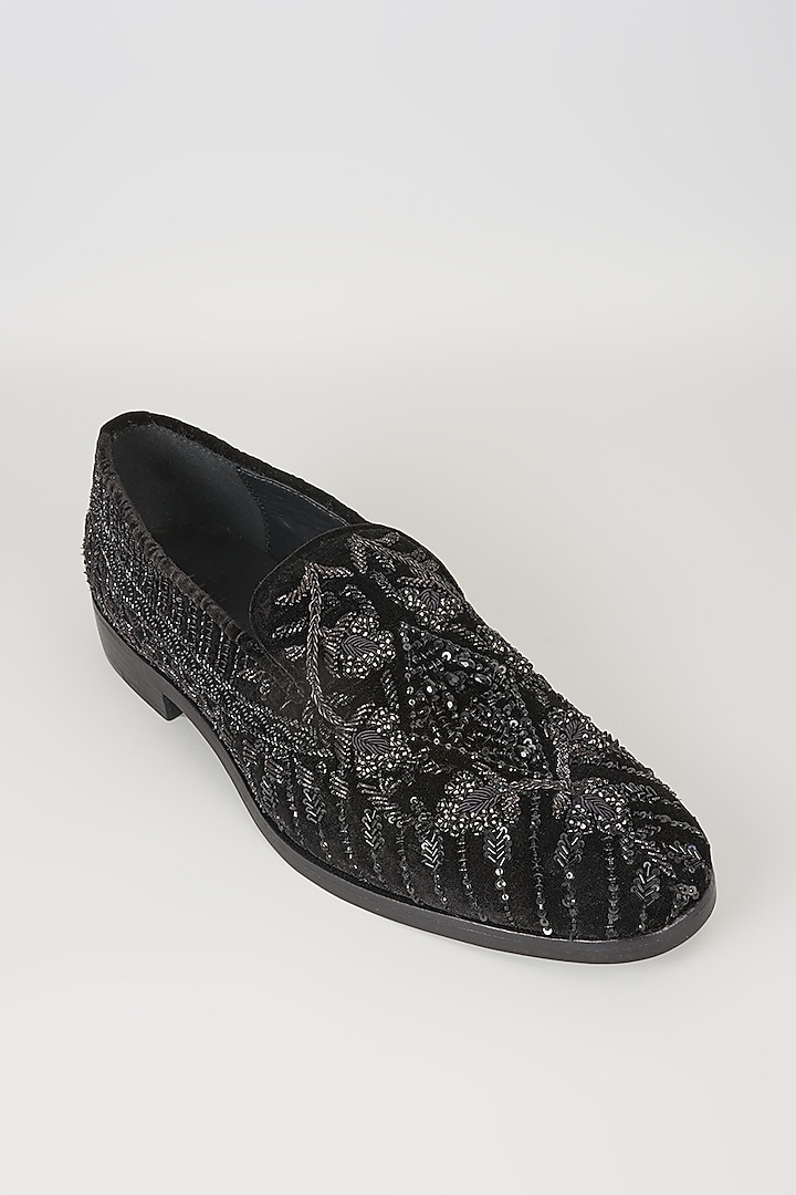Black Velvet & Leather Sequins Hand Embroidered Loafers by SALIL BHATIA at Pernia's Pop Up Shop