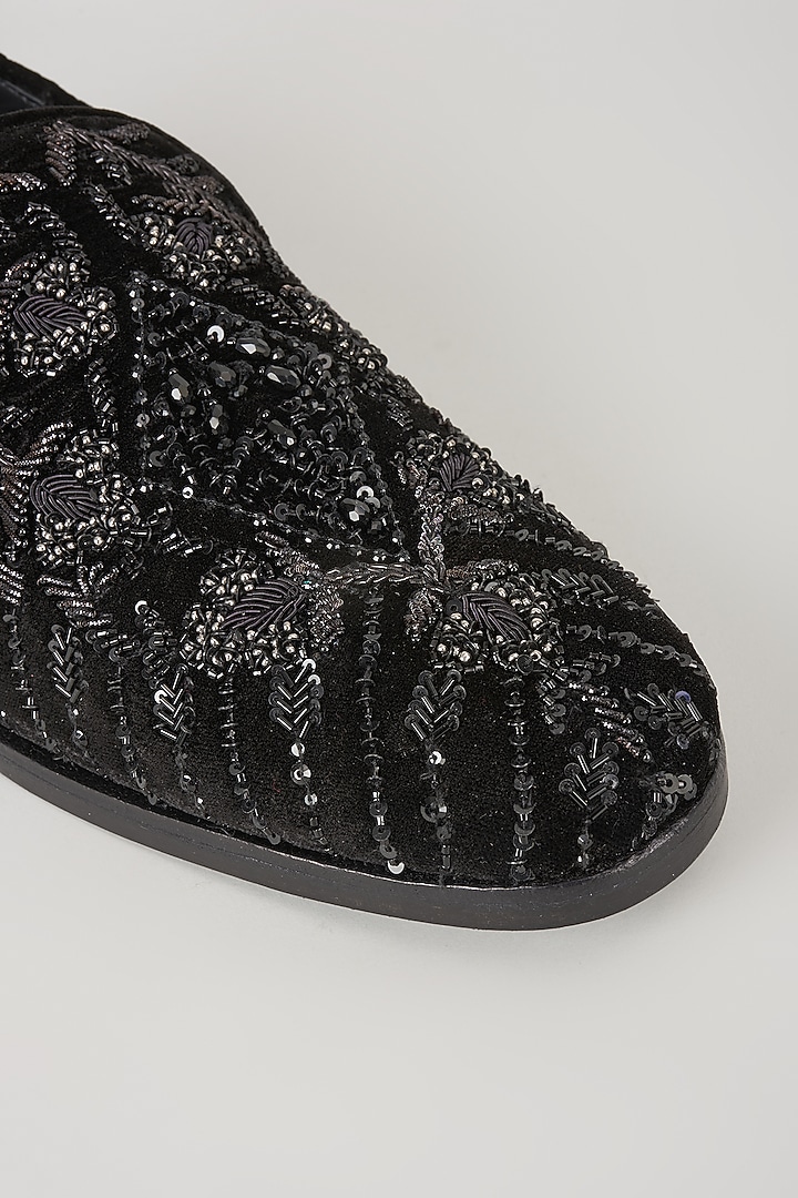 Black Velvet & Leather Sequins Hand Embroidered Loafers by SALIL BHATIA at Pernia's Pop Up Shop