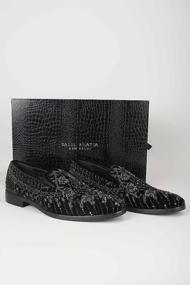 Black Velvet & Leather Sequins Hand Embroidered Loafers by SALIL BHATIA at Pernia's Pop Up Shop