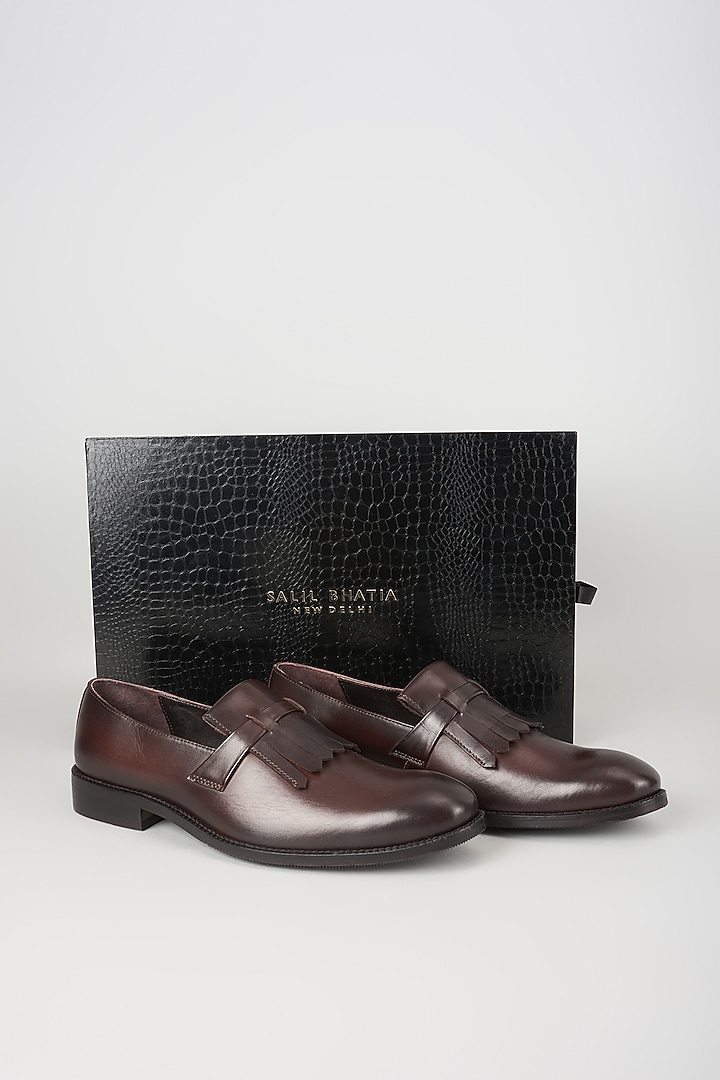 Burnished Dark Brown Leather Loafers by SALIL BHATIA at Pernia's Pop Up Shop