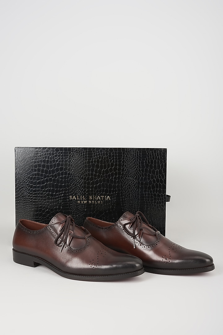 Burnished Brown Leather Shoes by SALIL BHATIA at Pernia's Pop Up Shop