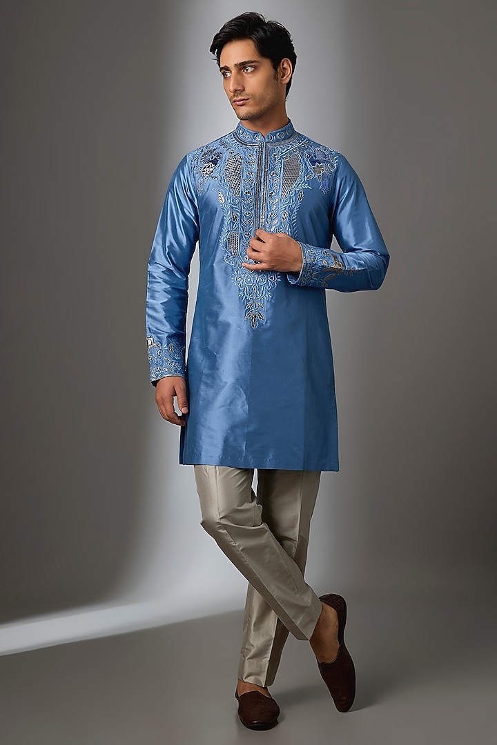 Blue Silk Thread Embroidered Kurta Set by SALIL BHATIA at Pernia's Pop Up Shop