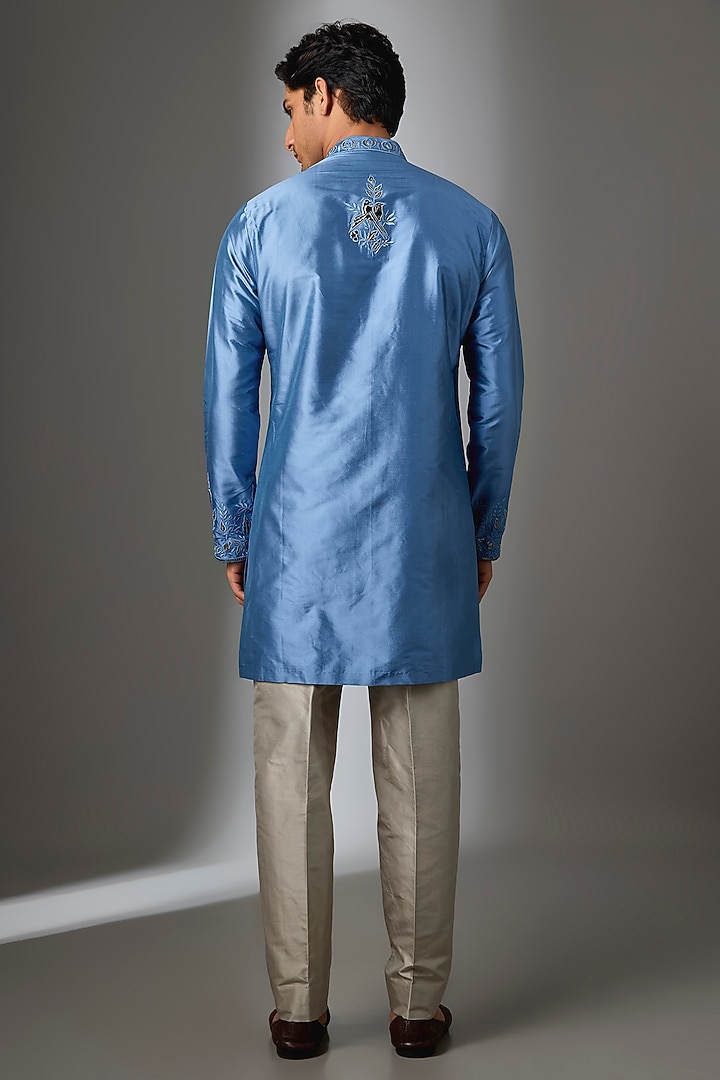 Blue Silk Thread Embroidered Kurta Set by SALIL BHATIA at Pernia's Pop Up Shop