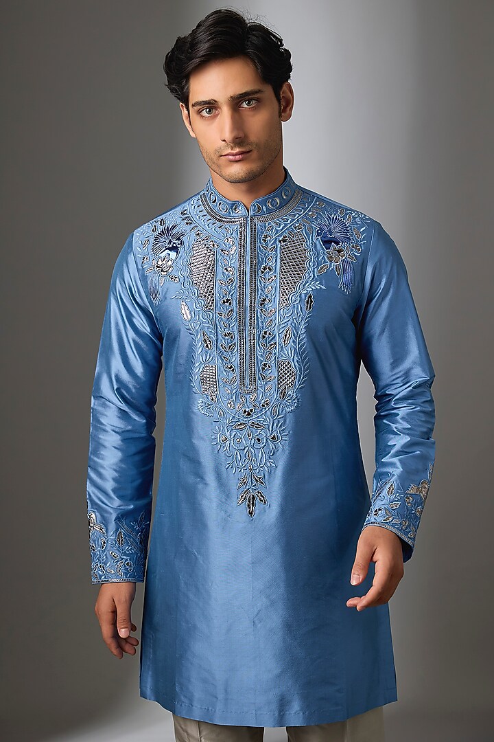 Blue Silk Thread Embroidered Kurta Set by SALIL BHATIA at Pernia's Pop Up Shop