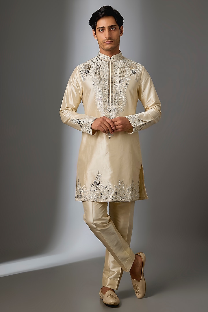 Beige Silk Thread Embroidered Kurta Set by SALIL BHATIA at Pernia's Pop Up Shop