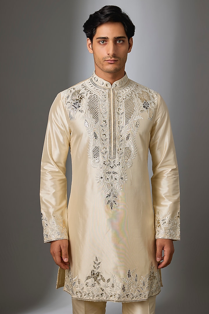 Beige Silk Thread Embroidered Kurta Set by SALIL BHATIA at Pernia's Pop Up Shop