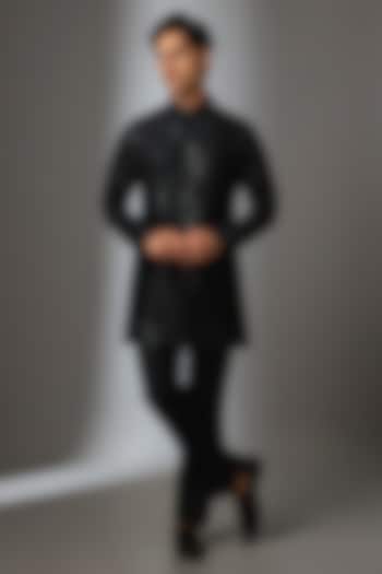 Black Pure Raw Silk Thread Embroidered Kurta Set by SALIL BHATIA at Pernia's Pop Up Shop