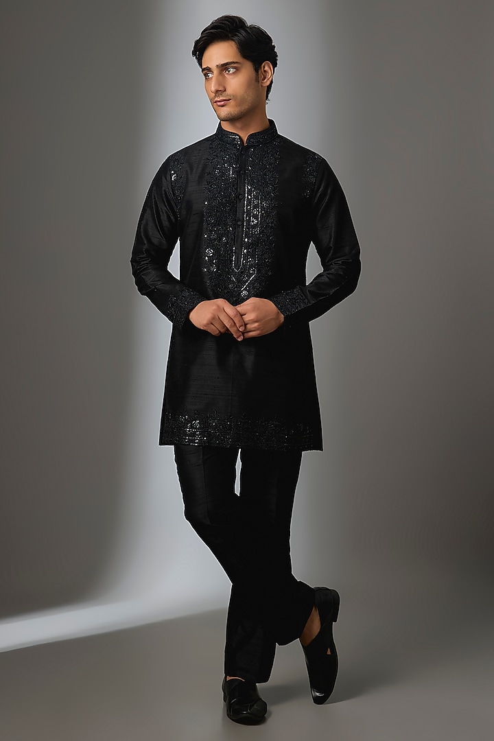 Black Pure Raw Silk Thread Embroidered Kurta Set by SALIL BHATIA at Pernia's Pop Up Shop