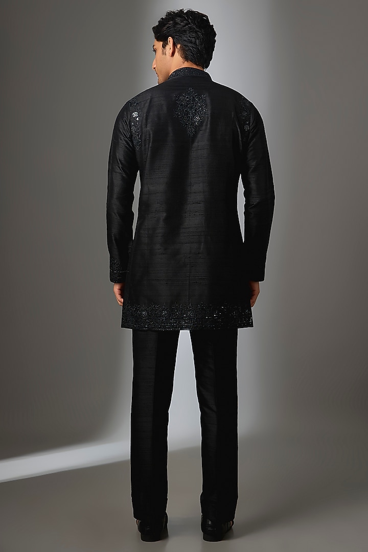 Black Pure Raw Silk Thread Embroidered Kurta Set by SALIL BHATIA at Pernia's Pop Up Shop