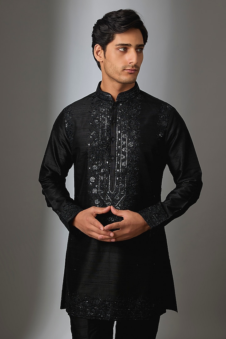 Black Pure Raw Silk Thread Embroidered Kurta Set by SALIL BHATIA at Pernia's Pop Up Shop