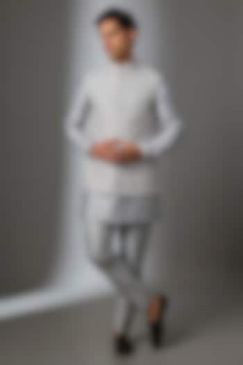 Grey Silk Chanderi Thread Embroidered Nehru Jacket Set by SALIL BHATIA at Pernia's Pop Up Shop