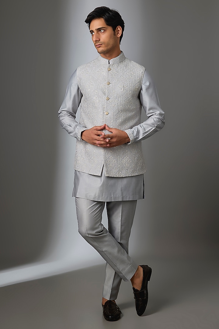 Grey Silk Chanderi Thread Embroidered Nehru Jacket Set by SALIL BHATIA at Pernia's Pop Up Shop